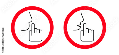 Stop, please be quiet icon (psssst ). Forbad, silence no speaking or no talking ( shhh ). Funny vector flat icons silhouette Silent finger over lips or mouth sign. Sound off. Secret asking to silence