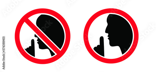 Stop, please be quiet icon (psssst ). Forbad, silence no speaking or no talking ( shhh ). Funny vector flat icons silhouette Silent finger over lips or mouth sign. Sound off. Secret asking to silence
