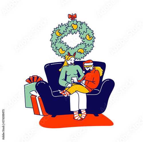 Mother and Daughter Sitting on Couch Writing Letter to Santa Claus Asking Gifts for Christmas Holidays, Festive Season