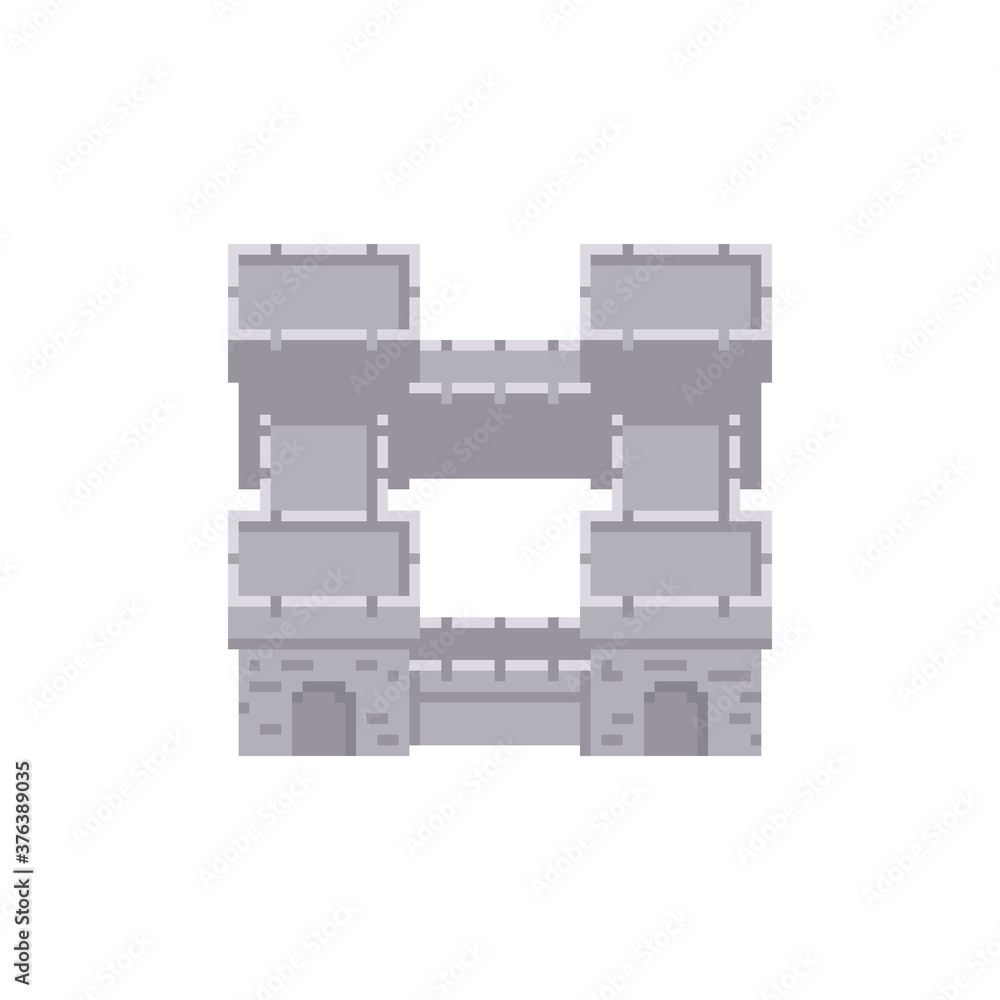 Pixel art grey stone towers and walls citadel - vector retro 8 bit game design fortress texture illustration isolated Pixel art grey stone towers and walls citadel - vector retro 8 bit game design fortress texture illustration isolated