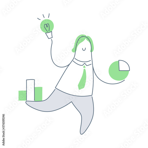 Balancing, multi-tool manager trying to keep everything in balance. He holding a pie diagram, light bulb, and bar graph.