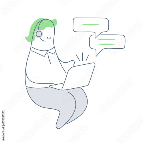 Online technical support 24-7. Support, online help, call center, hotline service. Cute cartoon man with a headset chatting on a laptop. 