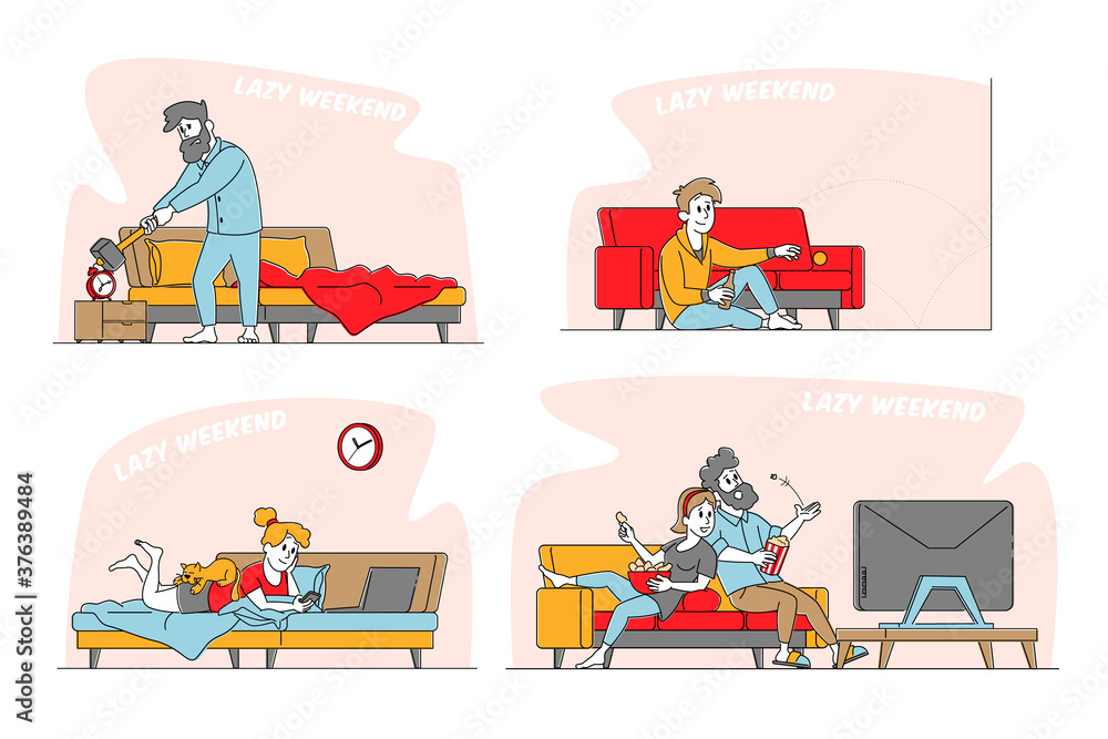 Lazy Weekend Set. Male and Female Characters Relaxing at Home Watching Tv, Reading and Watching Online Video, Drinking