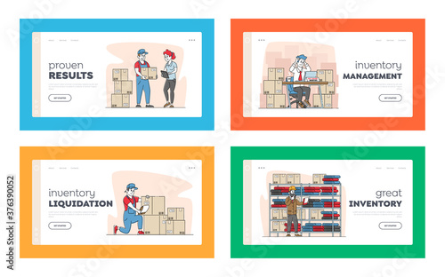 Physical Inventory Count Management Landing Page Template Set. Storekeeper Characters Manage Warehouse, Loading Cargo