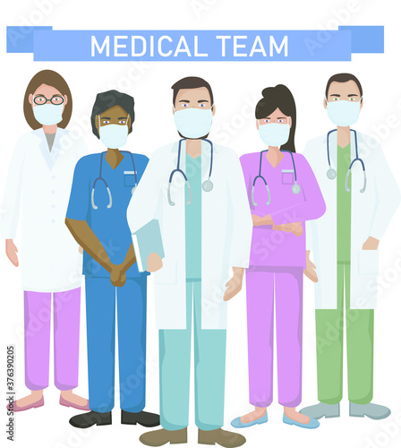 A team of doctors and medical workers in uniform. Wearing medical respiratory masks to protect against viruses and infections. The concept of medical care and assistance to people. Vector 