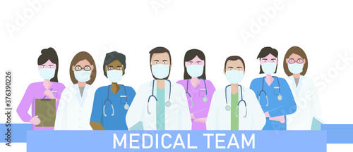 A team of doctors and medical workers in uniform. Wearing medical respiratory masks to protect against viruses and infections. The concept of medical care and assistance to people. Vector 