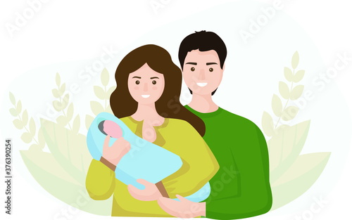 Family with a newborn child. A woman`s mother holds a small child in her arms, a man`s father holds them firmly. Concept of motherhood and fatherhood, family values. background of leaves with nature