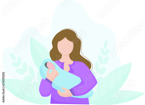 A woman holds a newborn baby in her arms. The concept of motherhood and family values. vector flat illustration