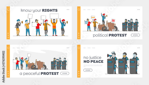 People Protesting with Placards on Barricades, Demonstration Landing Page Template Set. Characters Protest with Banners