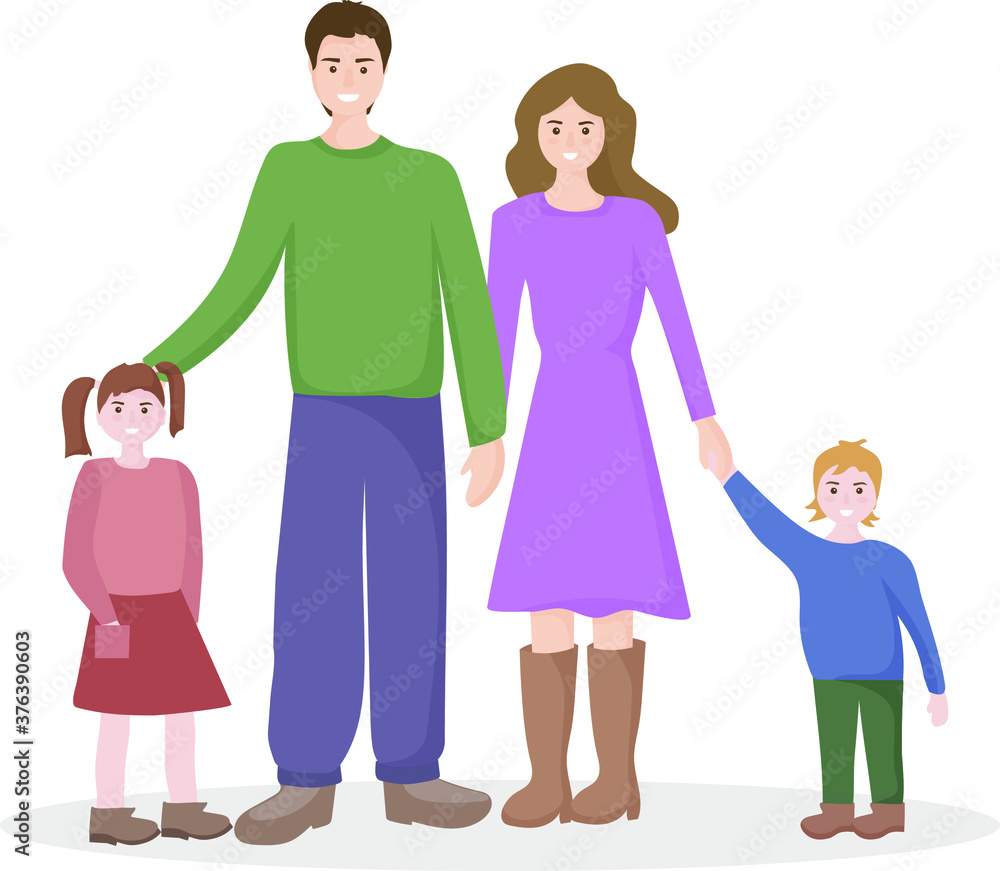 Portrait of a happy family on a walk by parents and children. Mom and Dad are walking with their son and daughter. People smile. The concept of love and family values.  Vector flat design.
