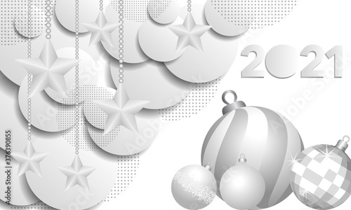 2021- carte de vœux sur le concept du rond et du blanc, décorée de boules de Noël et d’étoiles.