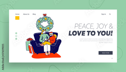 Festive Season Tradition Landing Page Template. Mother and Daughter Characters Writing Letter to Santa Claus Ask Gifts