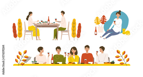 秋の食事とワインを楽しむ人々のイラスト