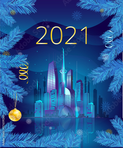 Christmas illustration with blue Christmas tree branches and a modern city. Template for a vertical postcard for 2021.