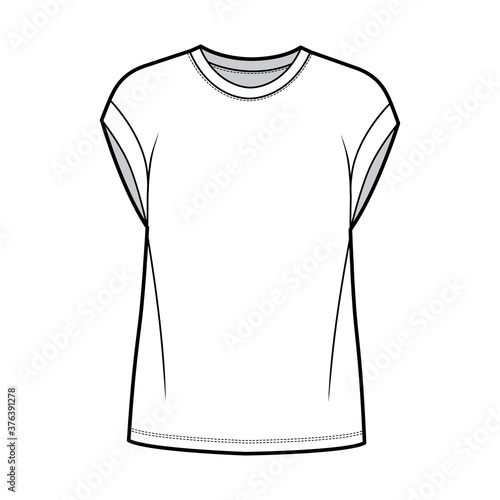 Boyfriend cotton-jersey T-shirt technical fashion illustration with classic crew neckline, short cap sleeves, oversized. Flat apparel template front white color. Women men, unisex top CAD mockup