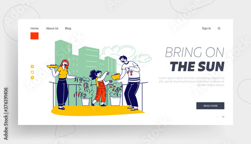 Happy Family Harvesting on Balcony Garden Landing Page Template. Mother, Father and Little Daughter Collecting Crop