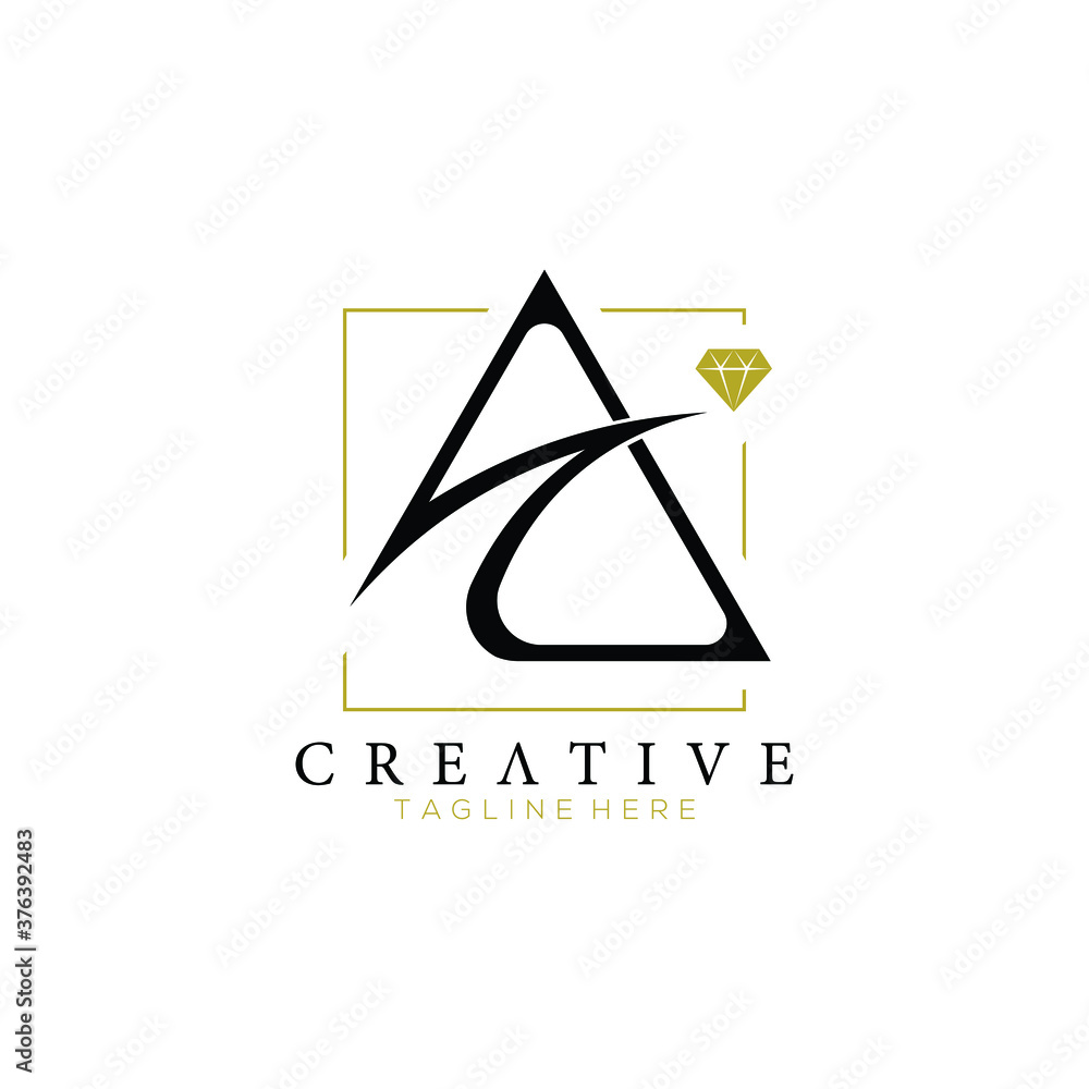 Luxury black letter A diamond jewellery logo with gold square line ...