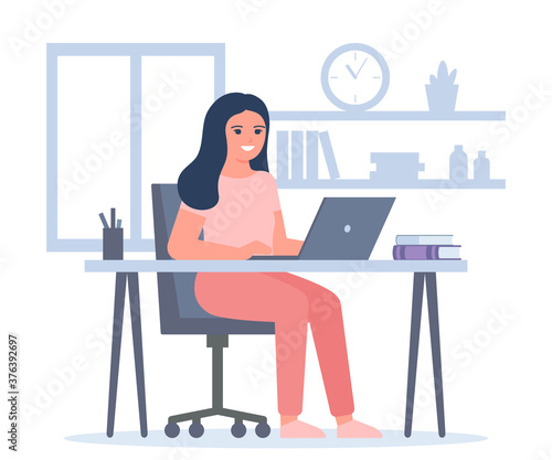 Young woman works on laptops at home. Freelancer girl is self employed. Online education and distance learning at home concept. Video call online meeting. Workspace, remote work. Vector flat