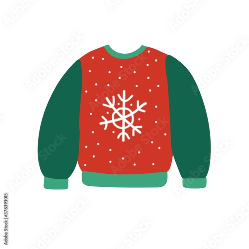 cozy warm Winter sweater with white snowflake. Green and red outerwear. Cozy concept by Hugge. vector illustration isolated on white background.