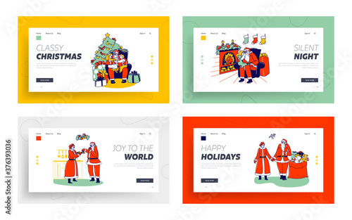 People Writing Letters to Santa, Mr and Mrs Claus Couple Landing Page Template Set. Characters Wish Gifts for Christmas