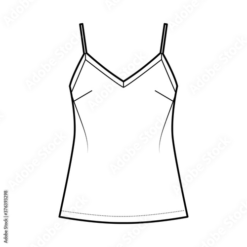 Camisole technical fashion illustration with V-neck, spaghetti straps, relaxed fit, tunic length. Flat outwear tank apparel template front, white color. Women, men unisex shirt top CAD mockup
