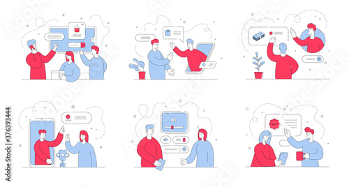 People using help of online managers on websites. Set of flat line vector illustrations