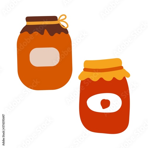 Hand drawn cartoon two jars of red jam. Cans have labels.