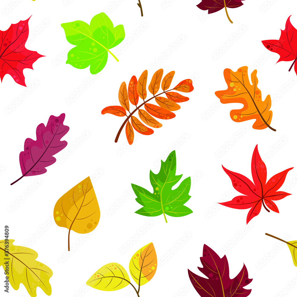 Obraz premium A vector seamless pattern of autumn colorful leaves orange, yellow, red and green. Foliage in a flat style on a white background . for autumn wrapping paper, screensavers, textiles, wallpapers