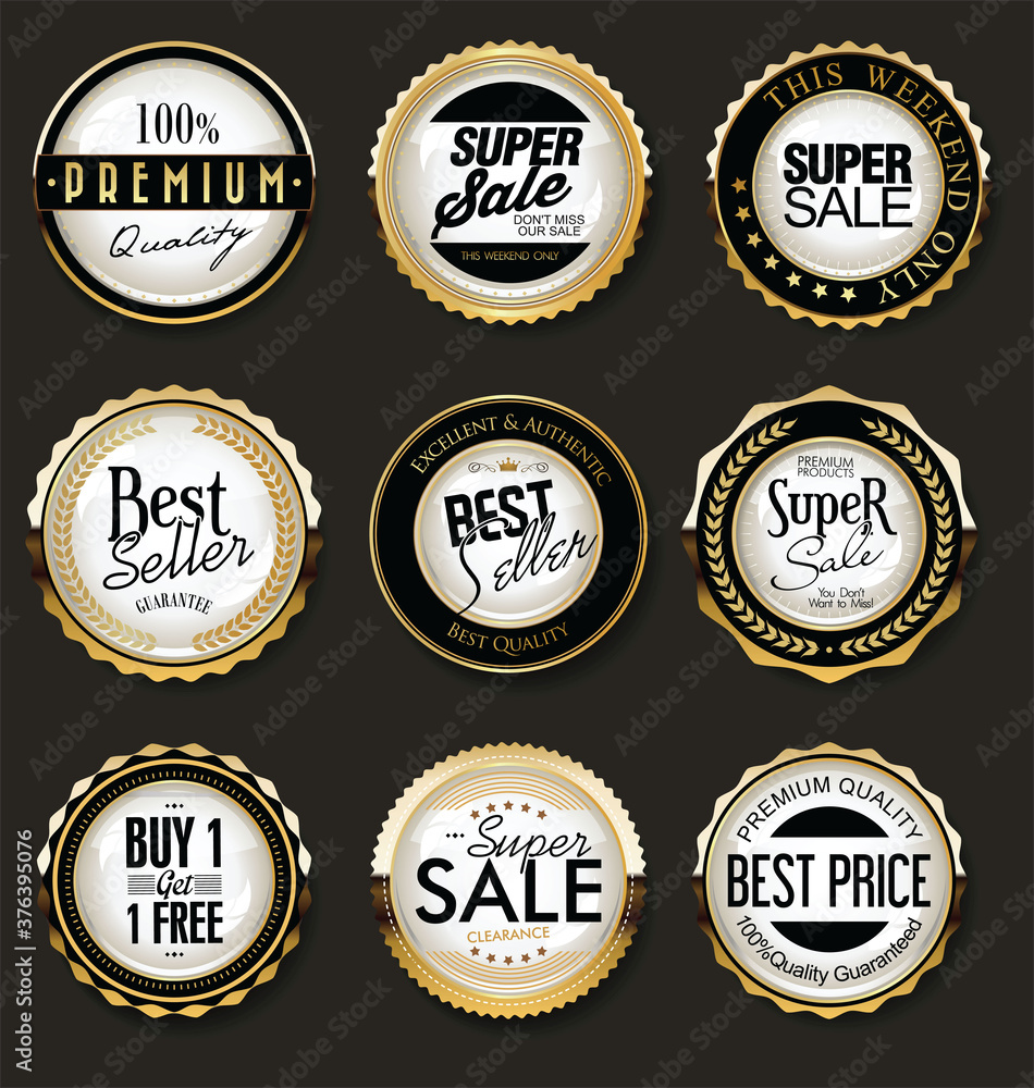 Collection of retro gold and black badge and label design