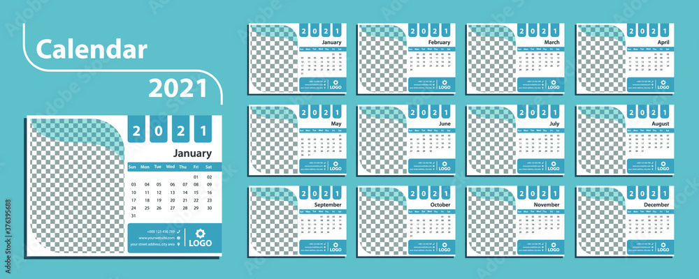 Calendar template for 2021. Set of 12 months. Monthly desk calendar 2021. Editable desk calendar template. Colorful minimal desk calendar. Week starts Sunday.