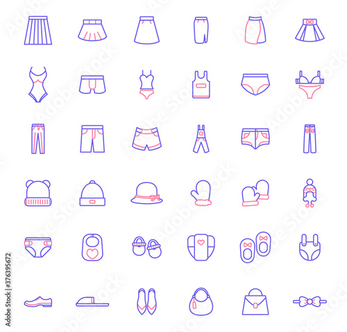 Set of fashion and clothes Icons line style. Contains such Icons as dress, wear, apparel, clothing, bag, glasses, pants, underwear And Other Elements. customize color, easy resize.