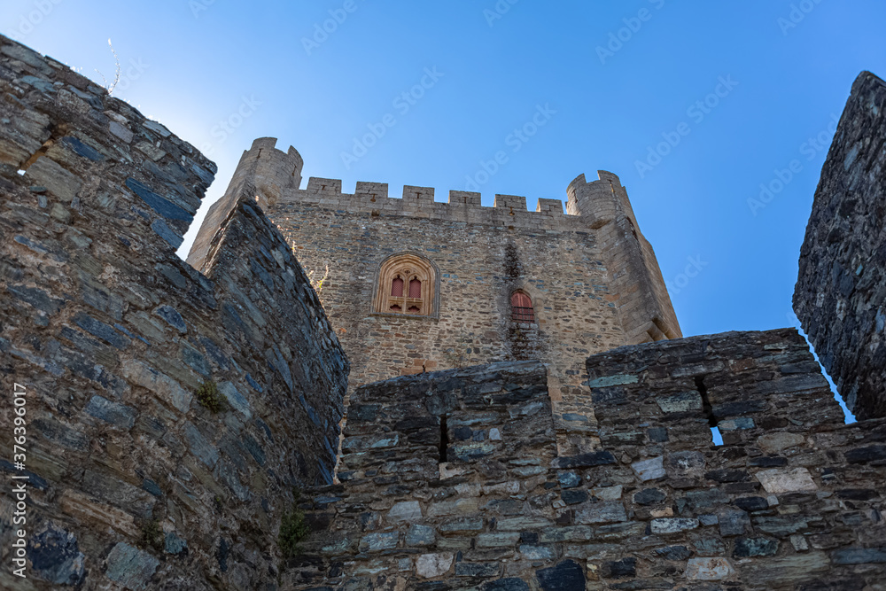 Detailed view at the exterior facade tower at Castle of Bragança, an iconic monument building at the Bragança city Detailed view at the exterior facade tower at Castle of Bragança, an iconic monument building at the Bragança city