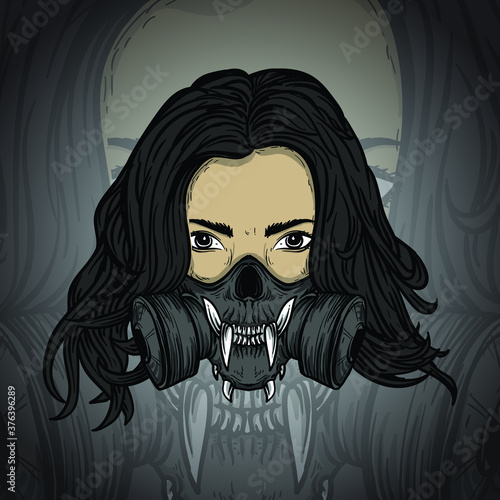 artwork illustration and t-shirt design women with skull gas mask premium vector