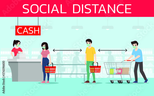 Social distancing to prevent coronavirus or covid-19. The prevention and maintain to safe distance from the other people at the supermarket. Customers protection rule vector illustration flat design.