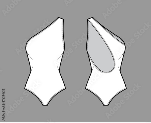 One-shoulder stretch bodysuit technical fashion illustration with open scooped back, medium brief coverage. Flat one-piece apparel template front, white color. Women men unisex swimsuit CAD mockup