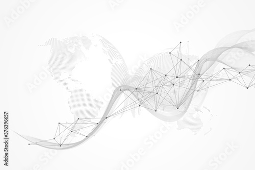 Geometric abstract background with connected lines and dots. Connectivity flow point. Molecule and communication background. Graphic connection background for your design. Vector illustration.