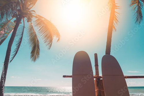 Surfboard and palm tree on sunset sky abstract background. Summer vacation and sport extreme concept.