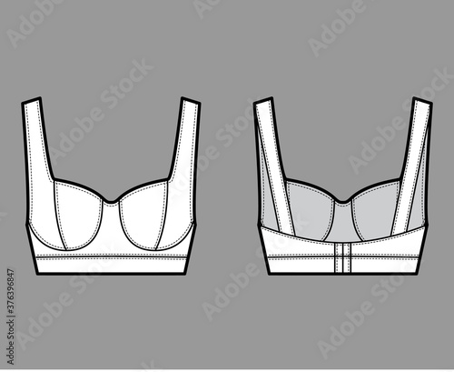 Jewel cropped bustier top technical fashion illustration with wide shoulder strap, flattering curved molded cups, close fit. Flat template front, back, white color. Women men unisex shirt CAD mockup