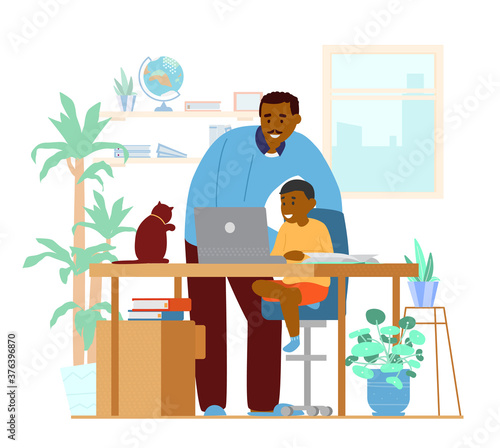 Afroamerican Dad Or Tutor Teaching Son At Home. Homeschooling Concept. Working Place Interior. Flat Vector Illustration.
