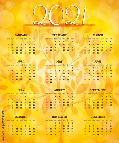 Autumn vector calendar 2021 year with week starts from sunday. Vector illustration
