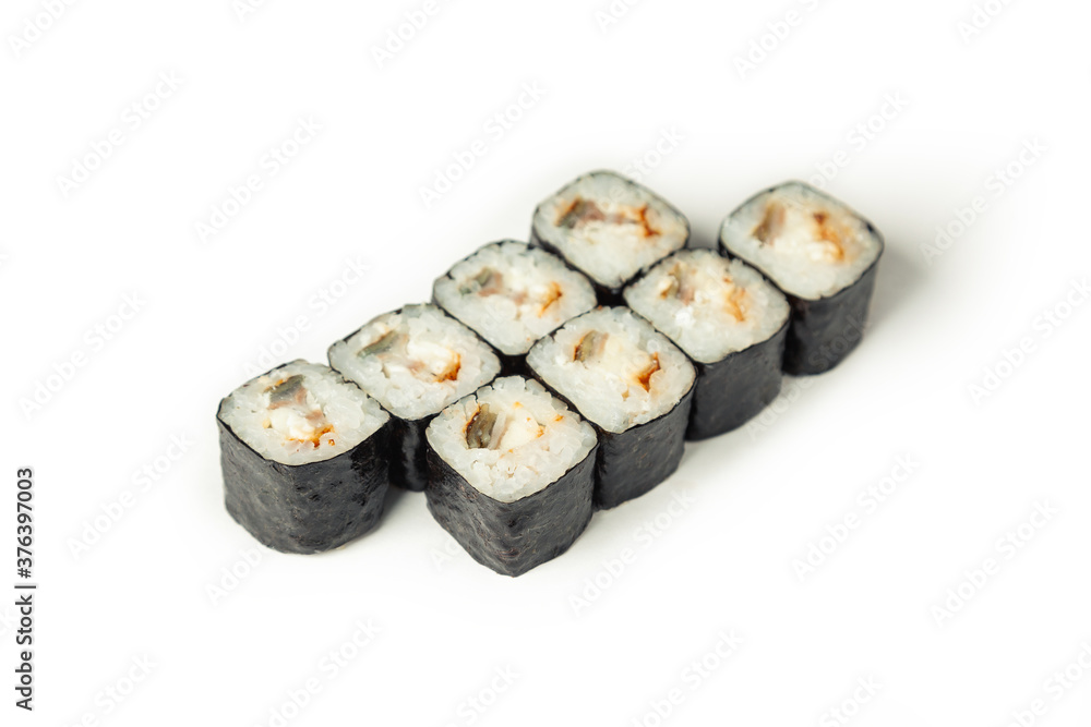 Sushi roll with eel on a white plate, classic Japanese sushi. Traditional Japanese food with maki. Delicious pieces of sushi. For the restaurant menu. copyspace Sushi roll with eel on a white plate, classic Japanese sushi. Traditional Japanese food with maki. Delicious pieces of sushi. For the restaurant menu. copyspace