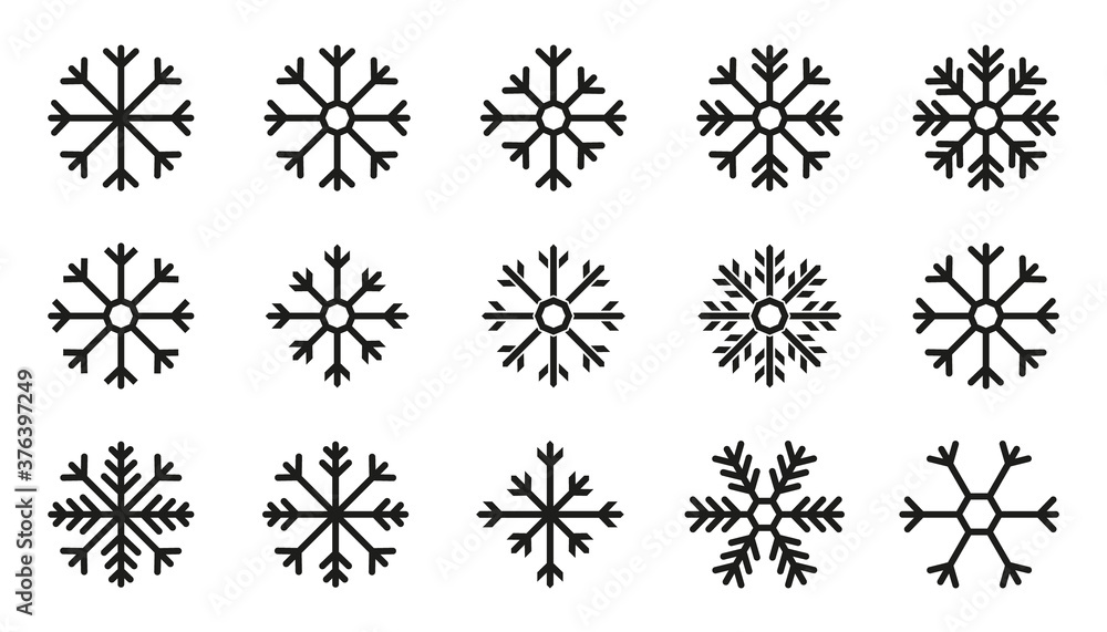 snowflake winter set of black isolated nine icon silhouette on white background snowflake winter set of black isolated nine icon silhouette on white background