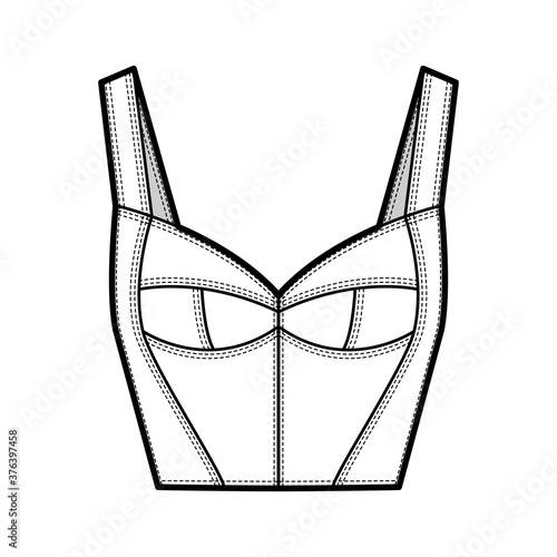 Bustier top technical fashion illustration with corset-style silhouette, molded cups, close fit, back zip fastening. Flat apparel template front, white color. Women men unisex shirt CAD mockup