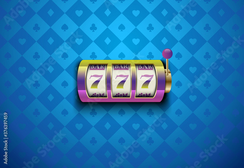 Vector rainbow color casino slot machine with lucky seven. Blue silk geometric card suits background. Online casino web banner, logo or icon. Winner casino poster