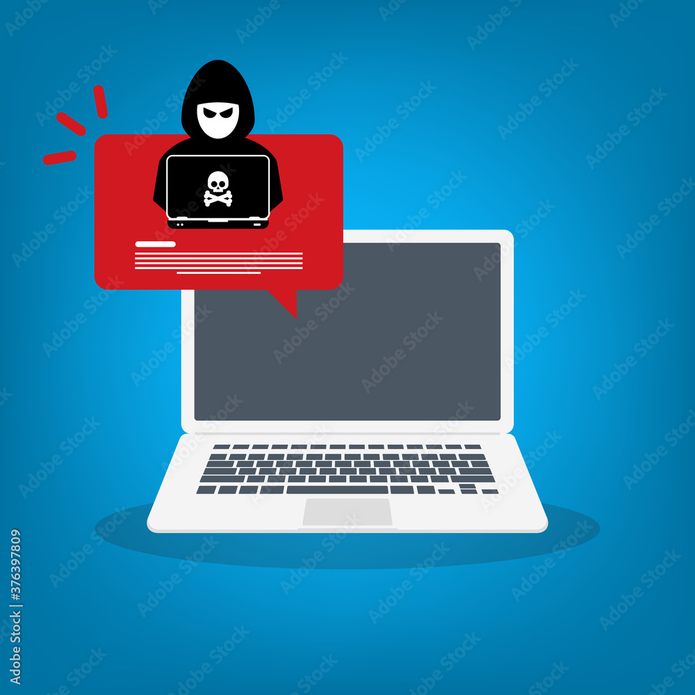 Alert notification on laptop computer vector, hacker, hacker detection, malware concept, spam data, online scam, virus Alert notification on laptop computer vector, hacker, hacker detection, malware concept, spam data, online scam, virus