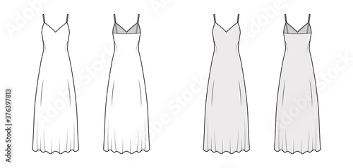 Strap sun dress technical fashion illustration with deep V-neck, maxi ancle length, loose shape, semi-sircular fullness. Flat template front, back, white grey color. Women, men, unisex top CAD mockup
