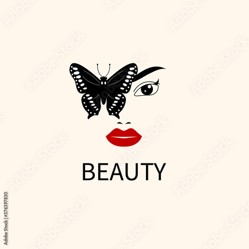 Beauty logo with face and butterfly. Beautiful girl icon