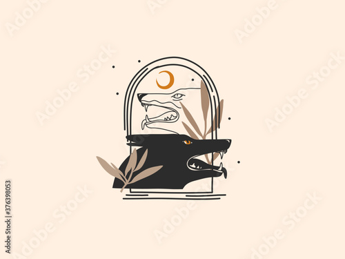 Hand drawn vector abstract stock flat graphic illustration with logo elements ,wolves magic line art in simple style for branding ,isolated on white background