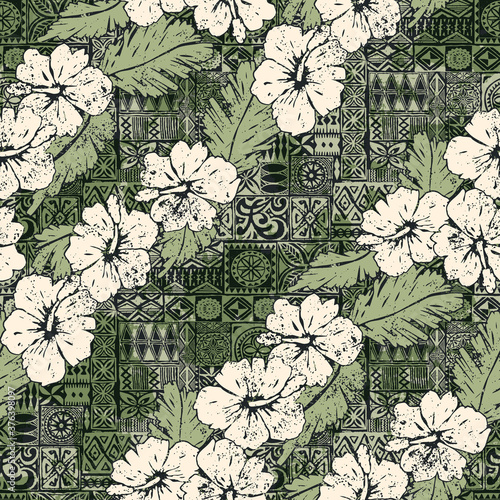 Hawaiian style hibiscus flowers with tribal tapa motifs background abstract vintage vector seamless pattern
