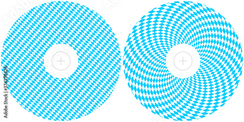 Vector templates for design of Oktoberfest or Bayern travel videos. Round printing layouts of blue and white Bavarian flag for CD and DVD covers. Circles with a diagonal and spiral diamond patterns.